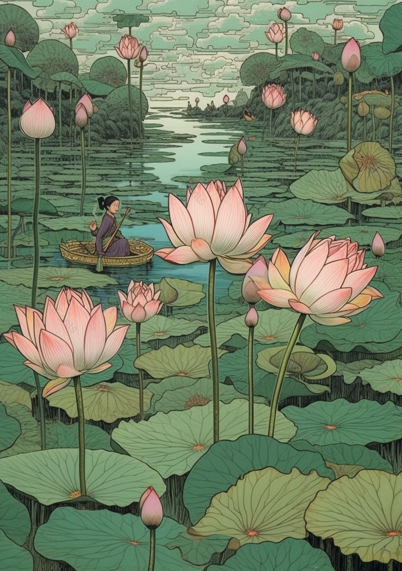 池塘里荷花盛开男孩正在划船美好舒适植物风景插画壁纸背景,插画/手绘图,插画/手绘图库,插画/手绘图下载,插画/手绘